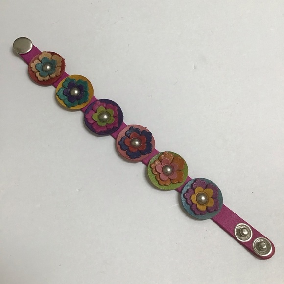 NEW 100% Leather Daisy Flower Bracelet Handmade Mexico Boho 2-Snap Pink Band - Picture 1 of 6